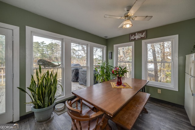 dining space featuring ceiling fan and dark wood-type flooring