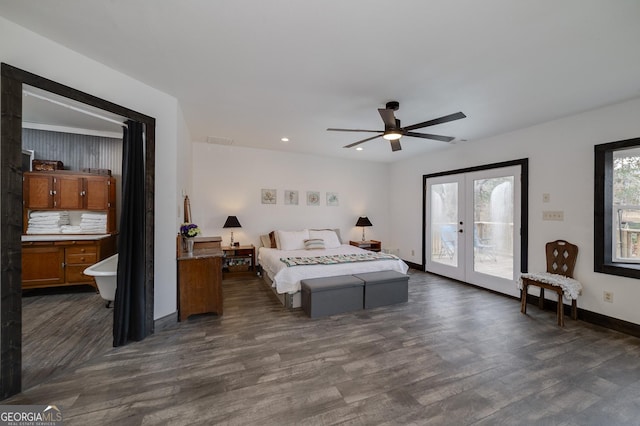 bedroom with ceiling fan, dark hardwood / wood-style floors, access to exterior, and french doors