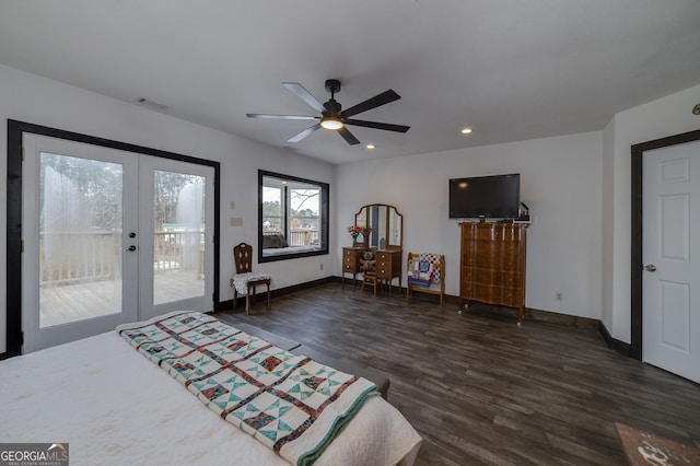 bedroom with ceiling fan, dark wood-type flooring, access to outside, and french doors