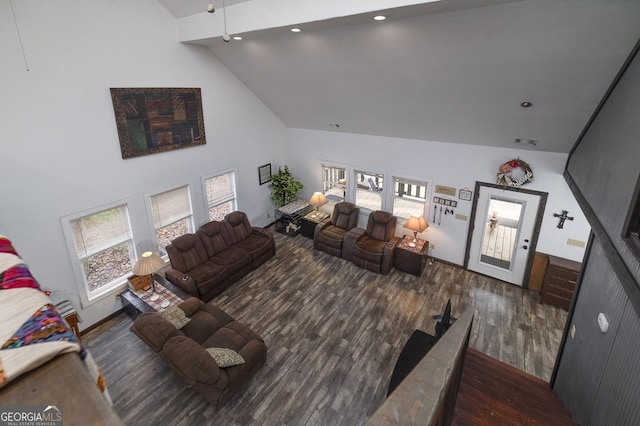 living room with plenty of natural light, dark hardwood / wood-style flooring, and high vaulted ceiling