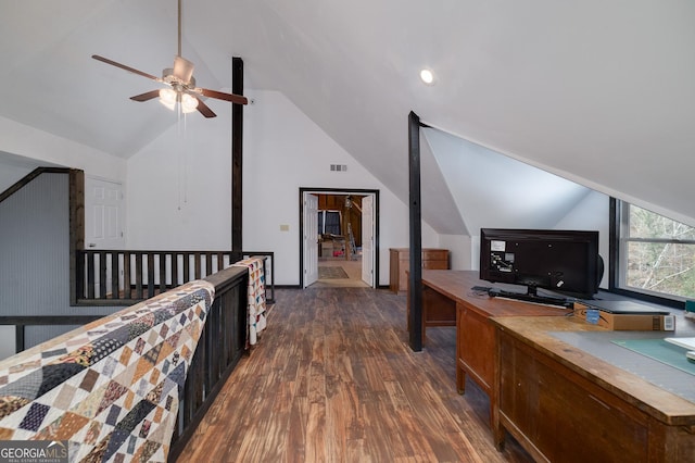 home office with dark hardwood / wood-style flooring, ceiling fan, and lofted ceiling