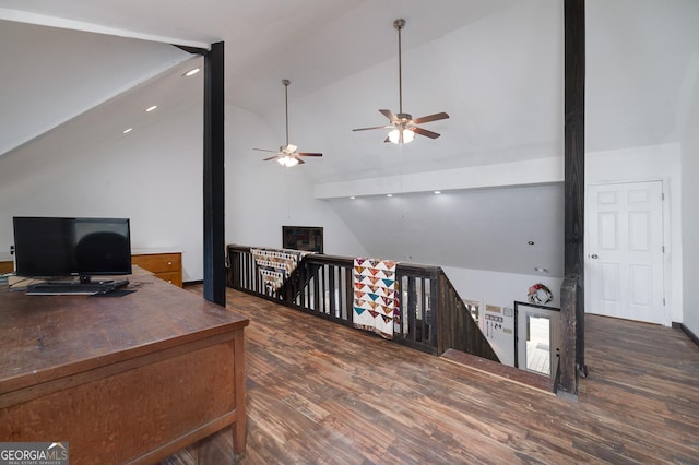 office area with ceiling fan, dark wood-type flooring, and high vaulted ceiling