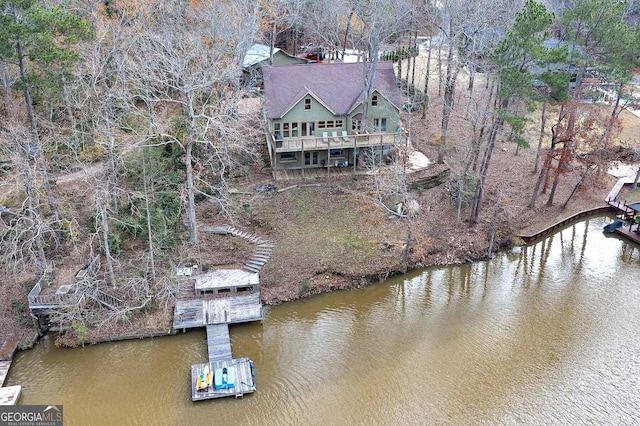 drone / aerial view featuring a water view