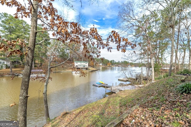 view of dock with a water view