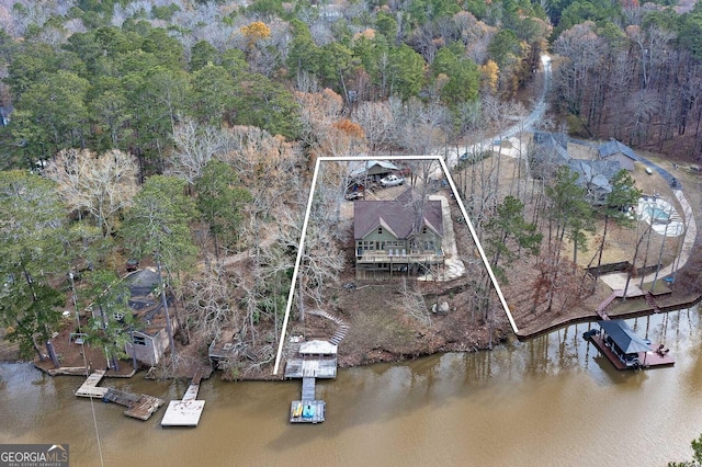 aerial view featuring a water view