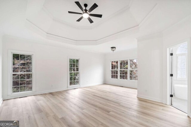 unfurnished room featuring a tray ceiling, ceiling fan, and light wood-type flooring