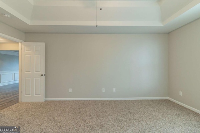 carpeted empty room with a raised ceiling