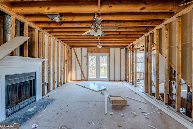 miscellaneous room featuring ceiling fan and french doors