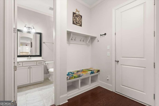 mudroom featuring crown molding, sink, and light wood-type flooring