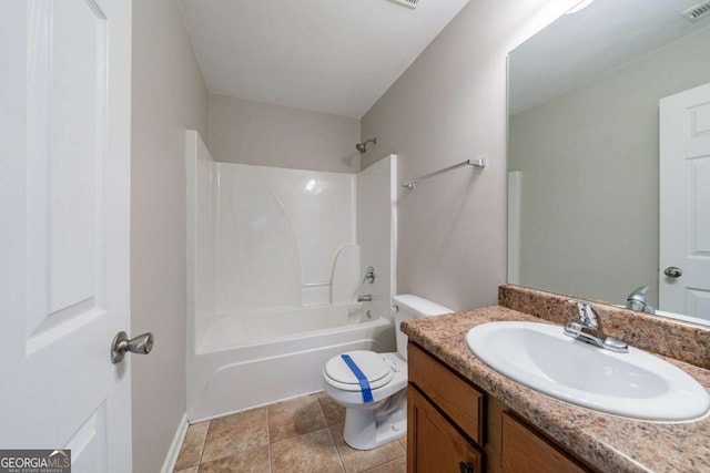 full bathroom featuring shower / bathing tub combination, vanity, toilet, and tile patterned flooring