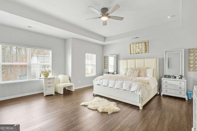 bedroom featuring ceiling fan, multiple windows, dark wood-type flooring, and a tray ceiling