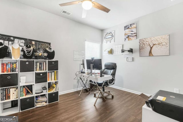 home office featuring wood finished floors, visible vents, a ceiling fan, and baseboards