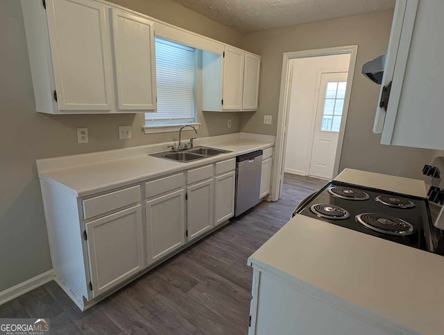 kitchen featuring dark hardwood / wood-style flooring, white cabinetry, dishwasher, and sink