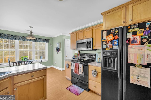 kitchen featuring light wood-type flooring, black range with electric cooktop, crown molding, refrigerator with ice dispenser, and decorative light fixtures