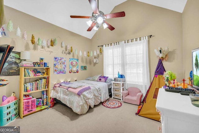 bedroom featuring carpet, high vaulted ceiling, multiple windows, and ceiling fan