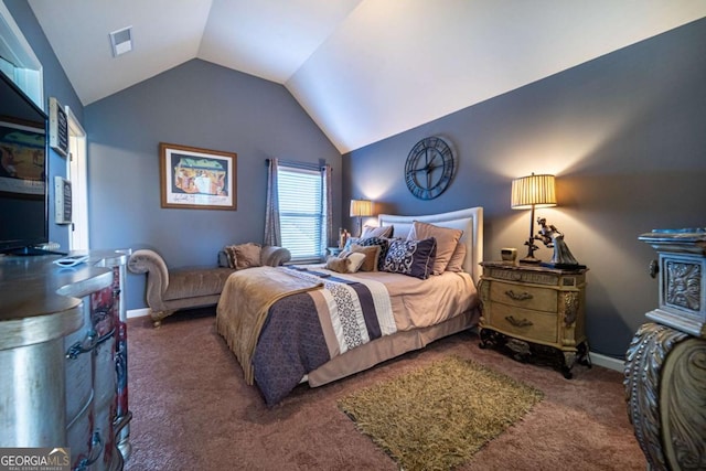 carpeted bedroom featuring lofted ceiling