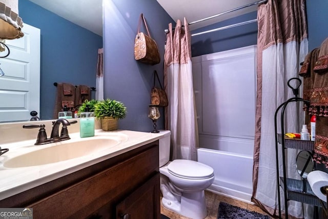 full bathroom with tile patterned flooring, vanity, toilet, and shower / bathtub combination with curtain