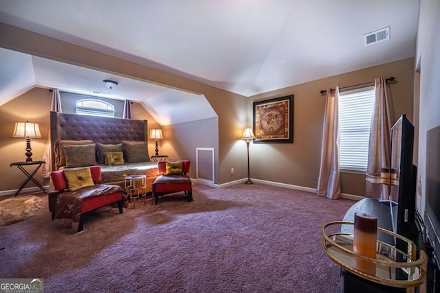 sitting room featuring lofted ceiling and carpet floors