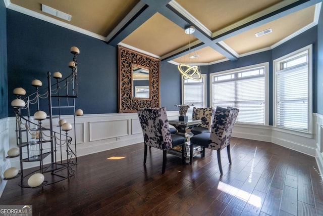 dining room featuring an inviting chandelier, coffered ceiling, crown molding, beam ceiling, and dark hardwood / wood-style flooring