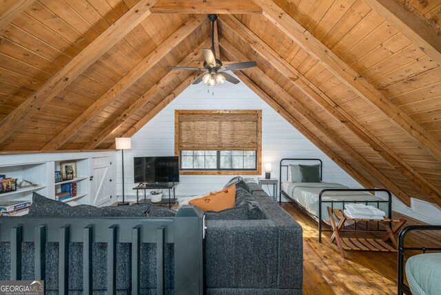 living room with lofted ceiling with beams, dark wood-type flooring, and wooden ceiling