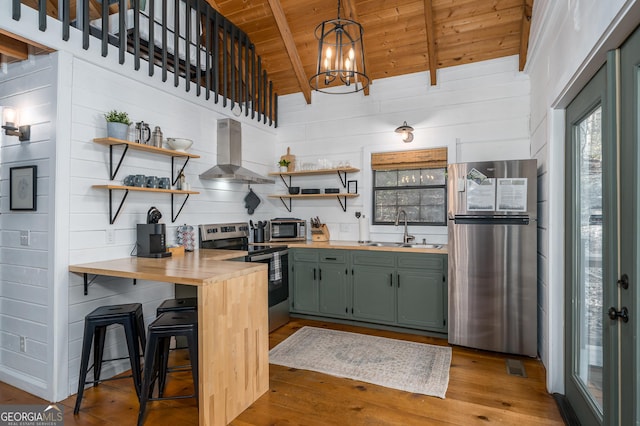 kitchen with beam ceiling, wooden ceiling, hanging light fixtures, stainless steel appliances, and green cabinets