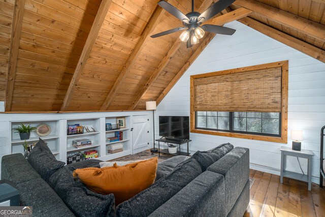 living room featuring vaulted ceiling with beams, wood walls, wooden ceiling, and wood-type flooring