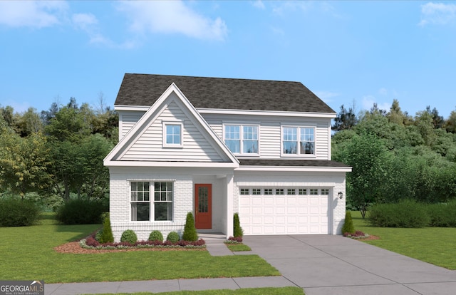 view of front of property with a garage and a front lawn