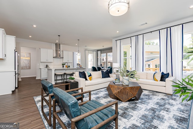 living room with dark wood-type flooring