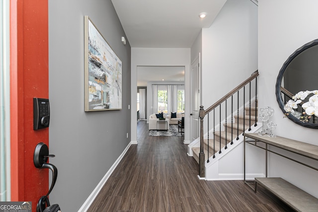 foyer entrance featuring dark hardwood / wood-style flooring