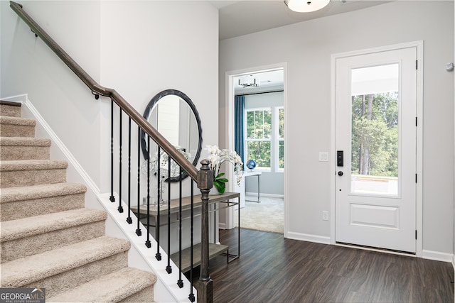 entrance foyer with a wealth of natural light and dark hardwood / wood-style floors