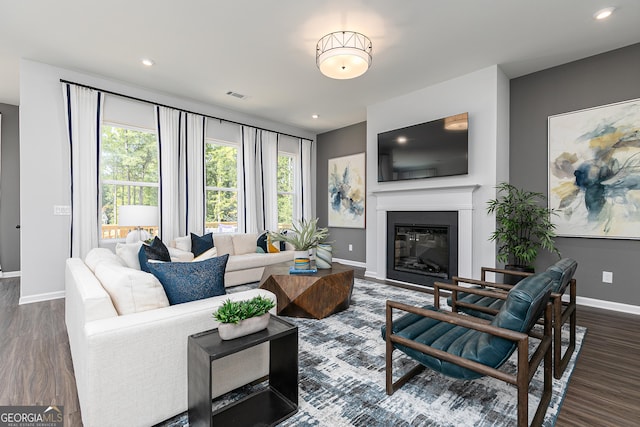 living room with dark hardwood / wood-style floors and a wealth of natural light