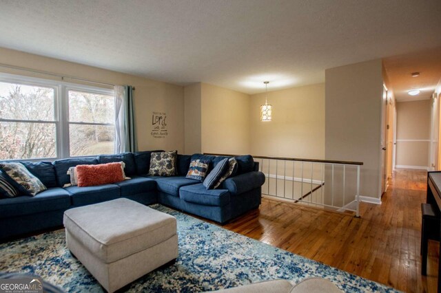 living room featuring a textured ceiling and hardwood / wood-style flooring