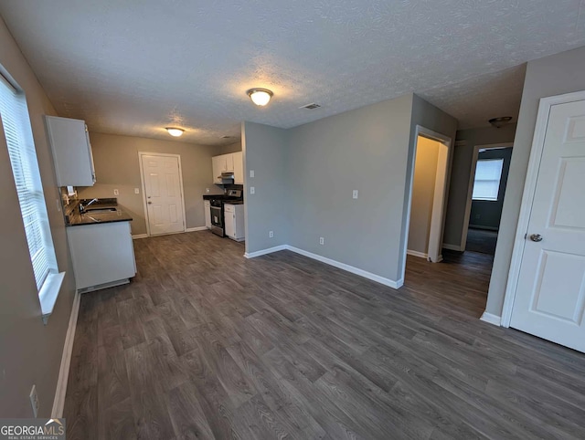 unfurnished living room with a textured ceiling, sink, and dark hardwood / wood-style floors