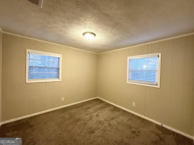 carpeted spare room featuring a textured ceiling, a wealth of natural light, and ornamental molding