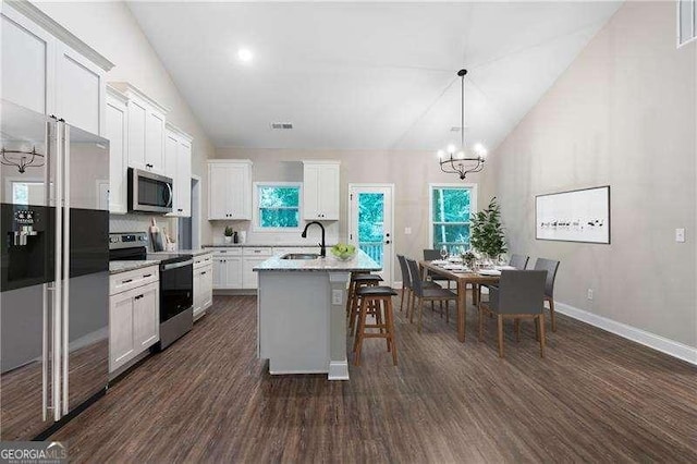 kitchen featuring sink, dark hardwood / wood-style flooring, vaulted ceiling, a kitchen island with sink, and appliances with stainless steel finishes