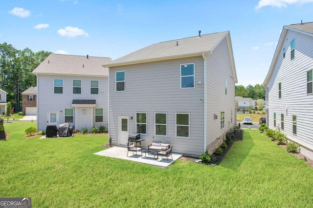 back of house with outdoor lounge area, a yard, a patio, and central AC unit