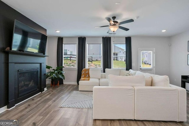 living room with ceiling fan, a healthy amount of sunlight, and hardwood / wood-style flooring