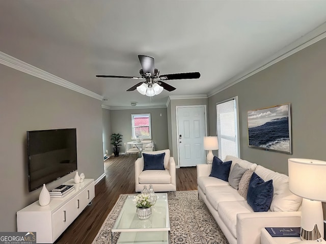 living room with dark hardwood / wood-style flooring, ornamental molding, and ceiling fan