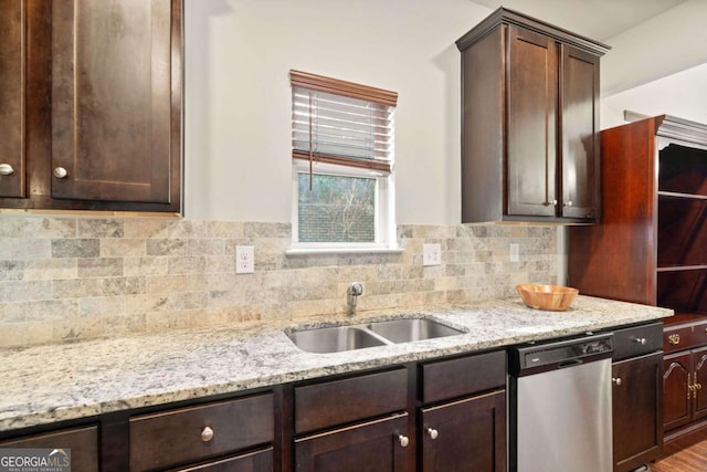 kitchen featuring dishwasher, dark brown cabinets, backsplash, and sink