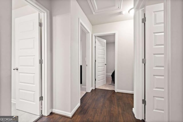 hallway with dark hardwood / wood-style flooring