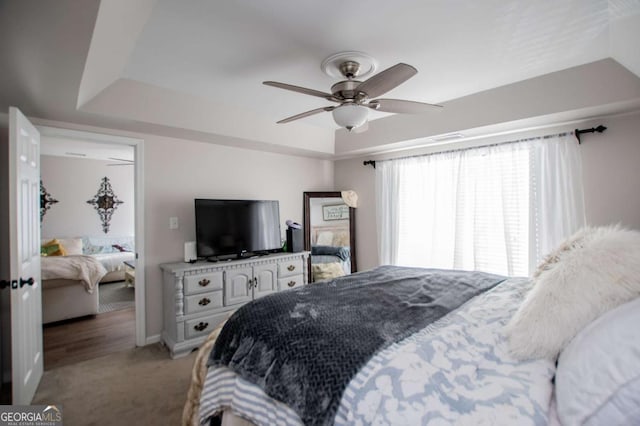 bedroom with carpet flooring, ceiling fan, and a tray ceiling