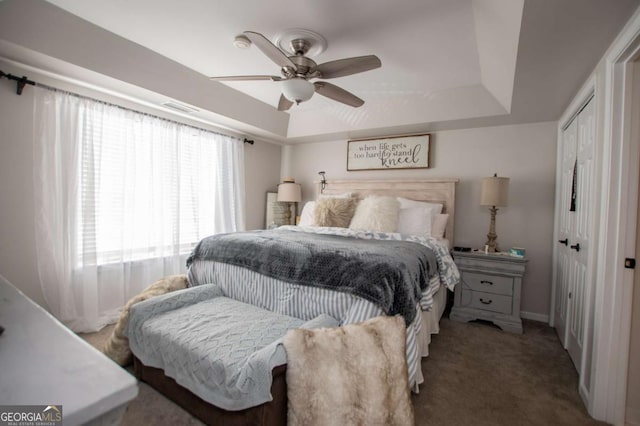 carpeted bedroom with a raised ceiling, ceiling fan, and a closet