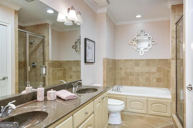 full bathroom featuring tile patterned floors, vanity, ornamental molding, and plus walk in shower