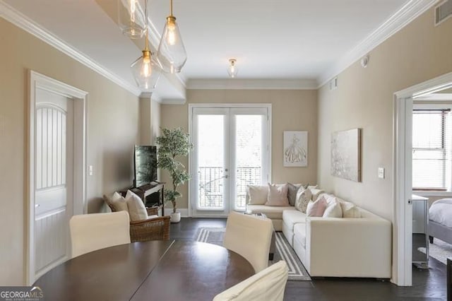 living room featuring ornamental molding, french doors, and dark wood-type flooring