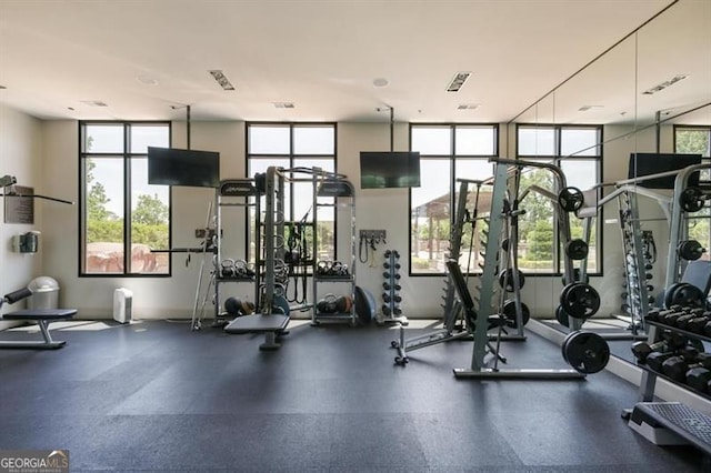 gym with expansive windows and a healthy amount of sunlight