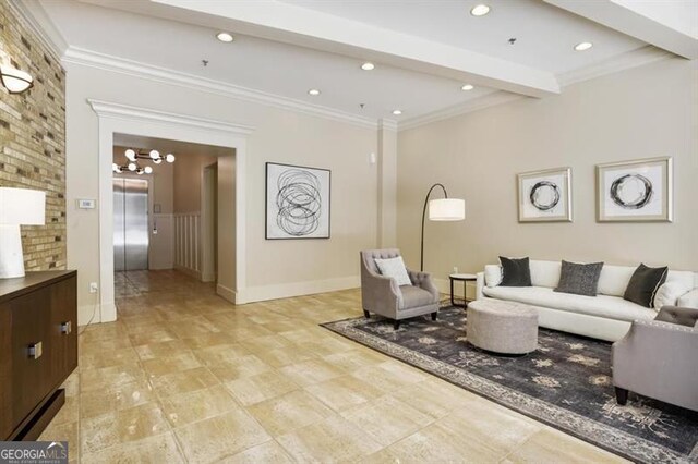 living area featuring recessed lighting, elevator, crown molding, and beamed ceiling