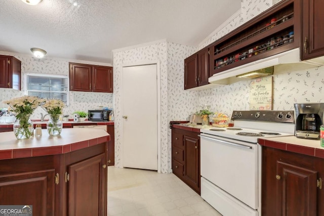 kitchen featuring ornamental molding, a textured ceiling, and white electric stove