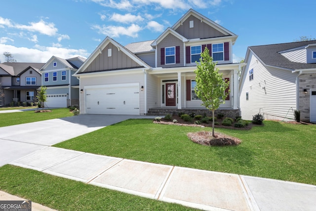 craftsman house with covered porch, board and batten siding, concrete driveway, and a front yard