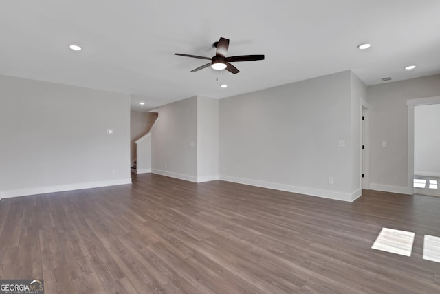 unfurnished living room featuring visible vents, wood finished floors, baseboards, recessed lighting, and a ceiling fan