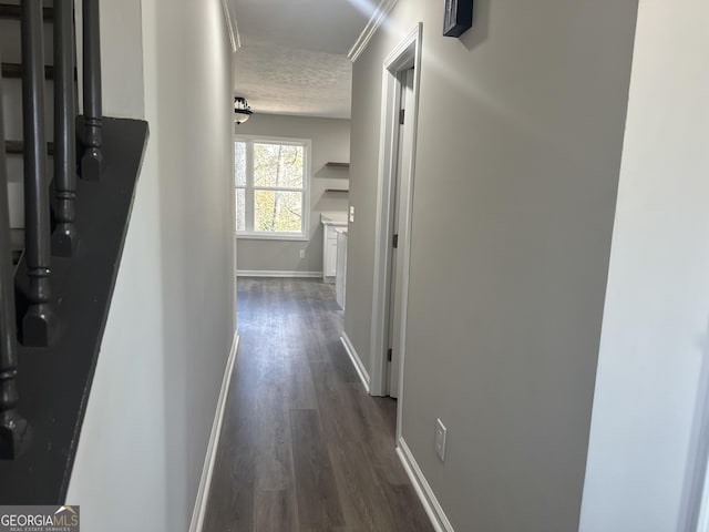 corridor with dark hardwood / wood-style flooring and a textured ceiling